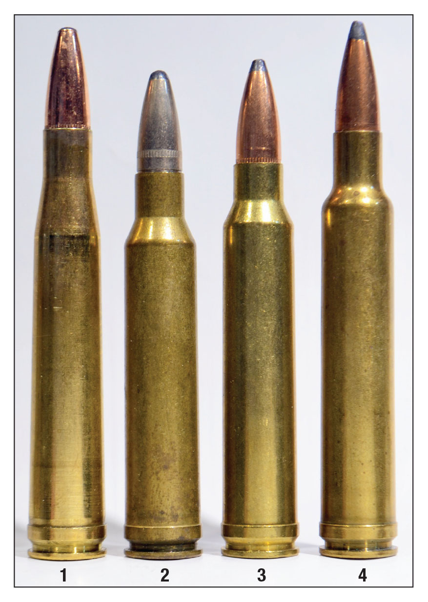 The big 300s from the last century: (1) .300 H&H Magnum (1925), (2) .308 Norma Magnum (1960), (3) .300 Winchester Magnum and (4) .300 Weatherby Magnum (1944).